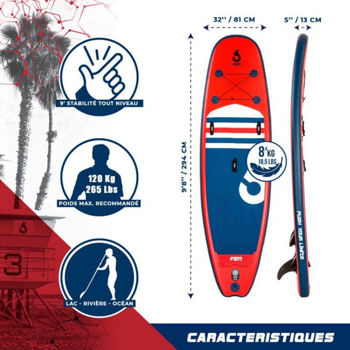 FUSION Paddle Gonflable VULK 9'8 - 299 x 81 x 13 cm - Stand Up Paddle avec pagaie, leash, pompe et sac de transport