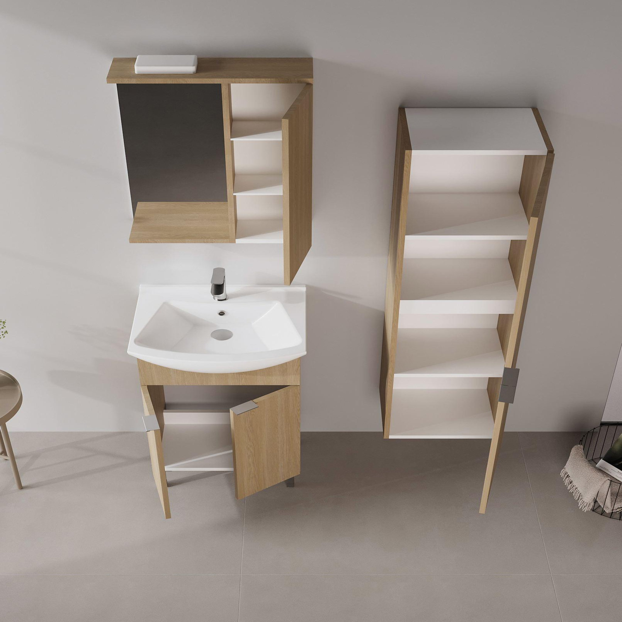 Voir la diapositive 3 : Habitat et Jardin Meuble avec simple vasque et miroir  Purus 55  - 55 x 50 x 83 cm - Oak