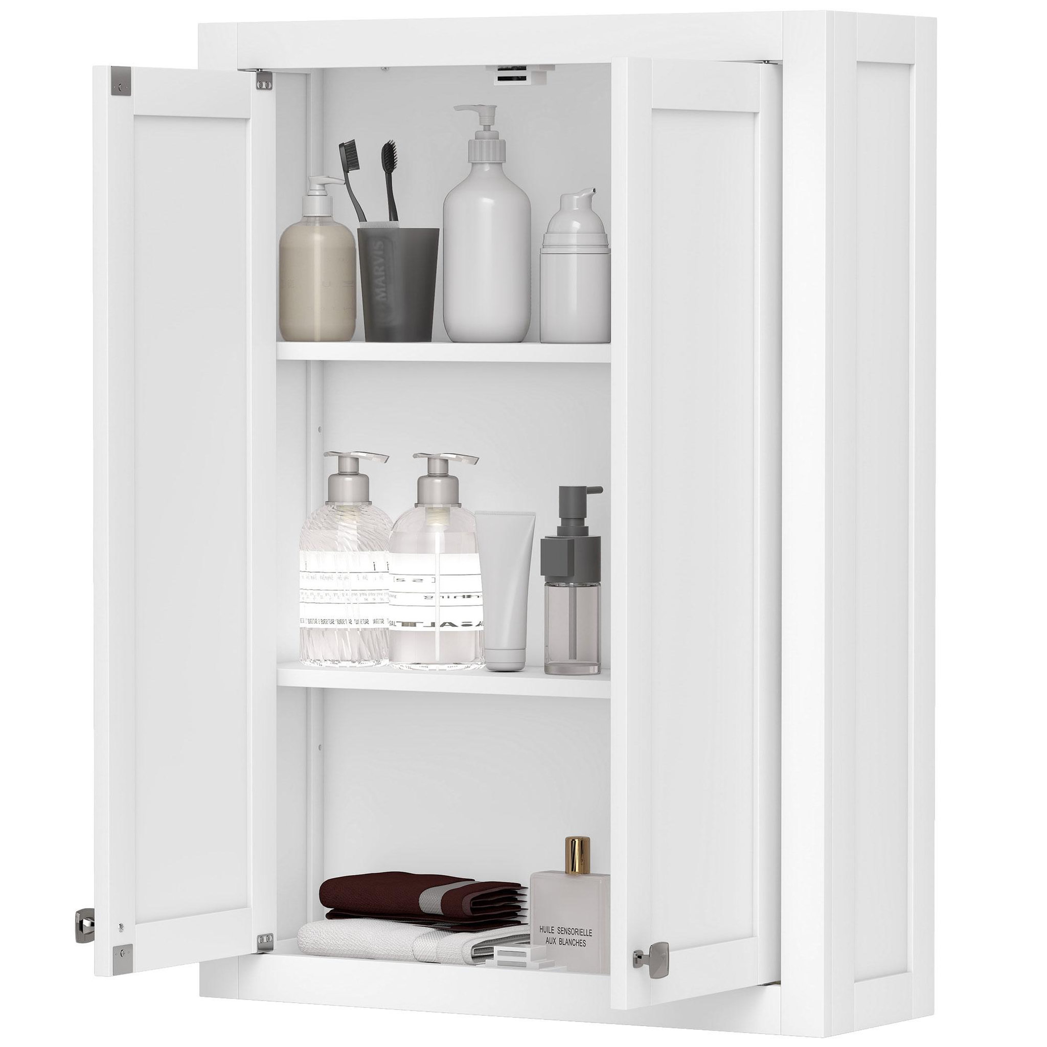 Voir la diapositive 5 : HOMCOM Armoire murale de salle de bain 3 niveaux 2 portes étagère bois blanc