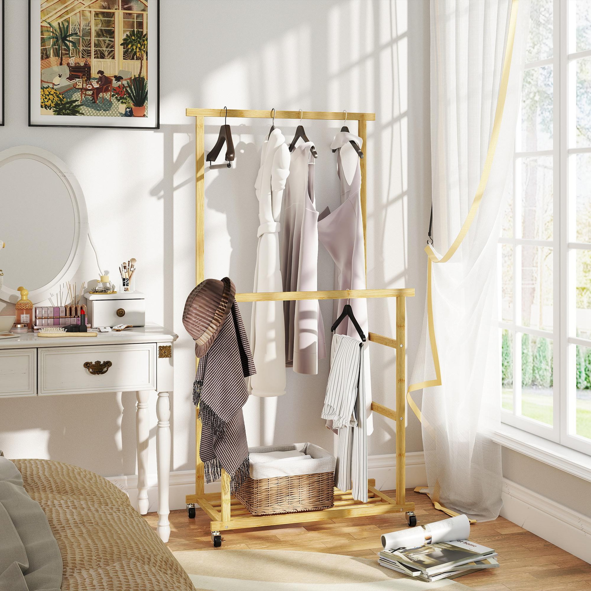 Voir la diapositive 5 : HOMCOM Portant bois bambou naturel verni - penderie mobile double barre et étagère - 80 x 40 x 160 cm