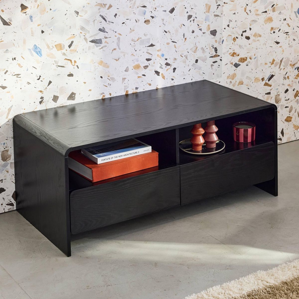 SWEEEK Meuble TV 2 tiroirs 2 étagères effet bois noir arrondi