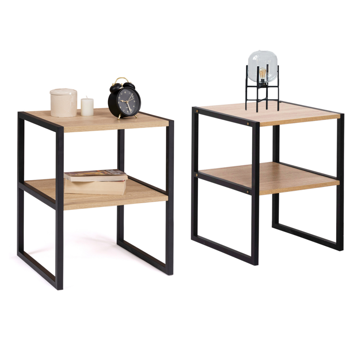 ID MARKET Lot de 2 tables de chevet DETROIT tables d'appoint bois et métal noir design industriel