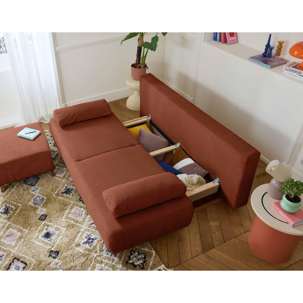 BEST MOBILIER Cristal - canapé 3 places - convertible avec coffre et pouf - en velours texturé