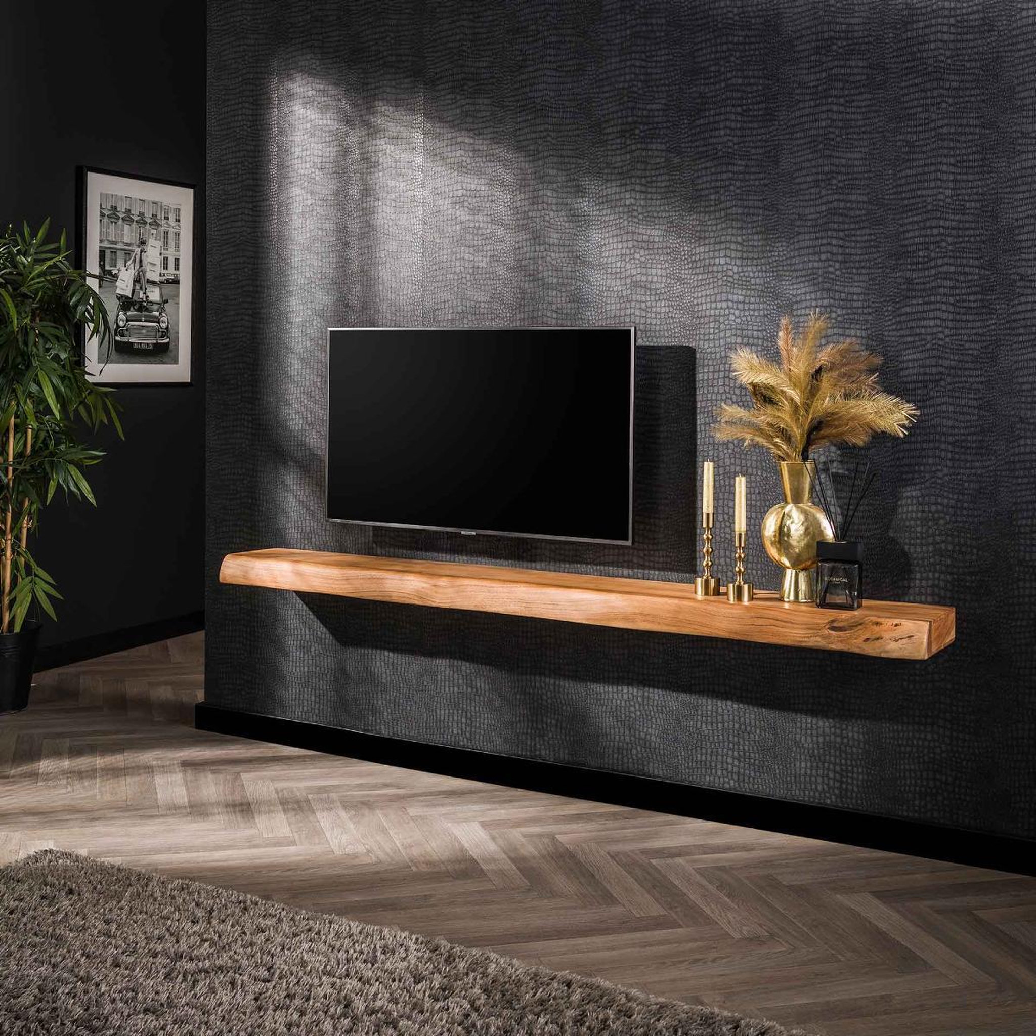 Voir la diapositive 2 : JLC KREATION Étagère murale en bois d'acacia massif 200cm troncia