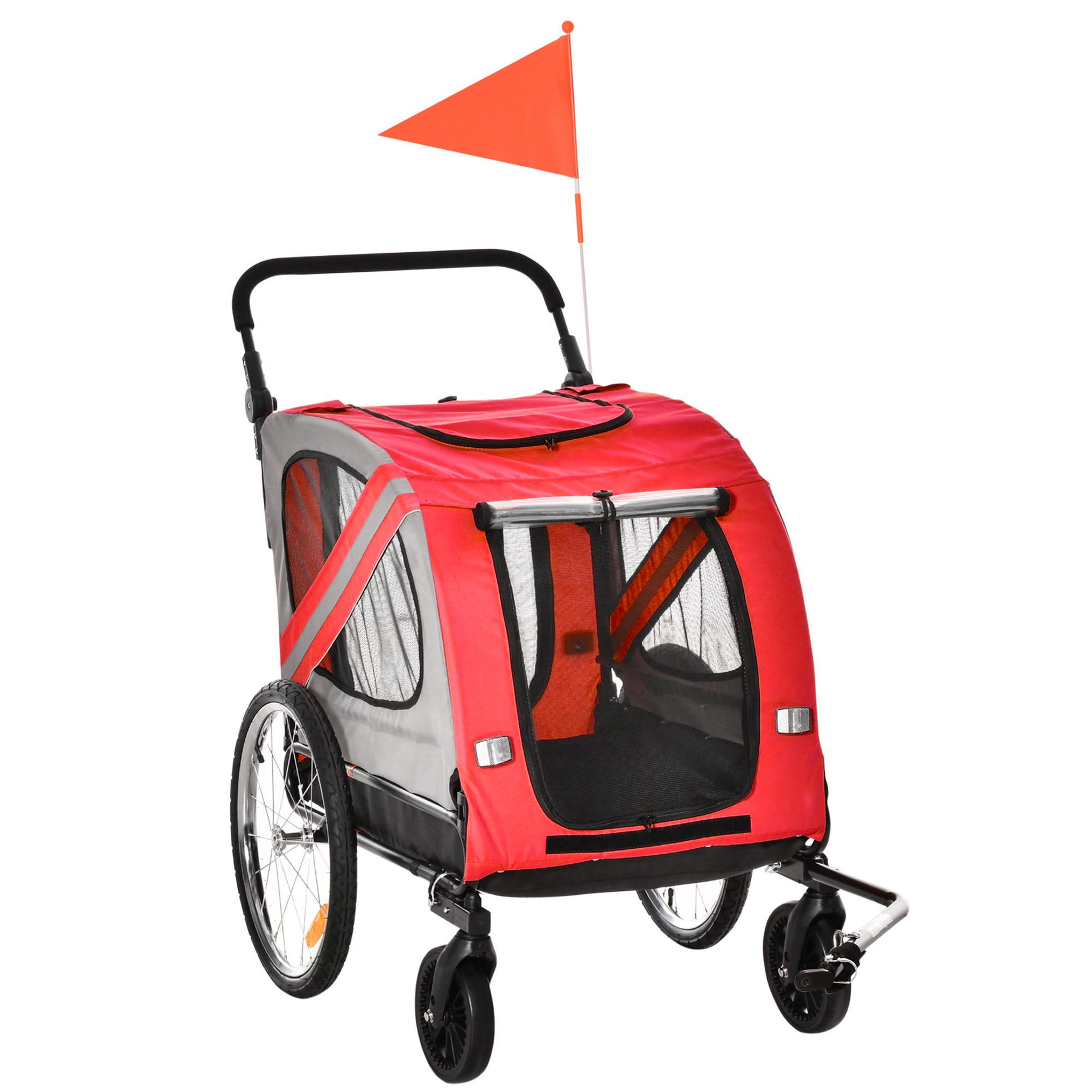 Voir la diapositive 1 : PAWHUT Remorque vélo jogger 2 en 1 pour animaux drapeau roue avant pivotante réflecteurs rouge gris