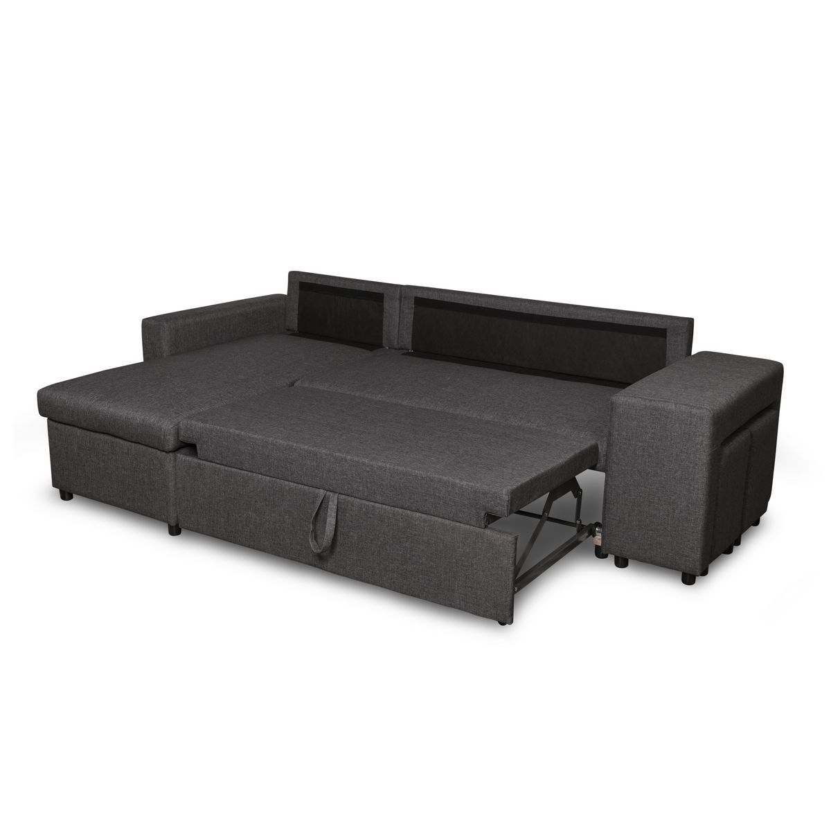  Canapé 3 places d'angle Gauche convertible avec coffre Tissu gris foncé+ 2 poufs inclus ANETTA