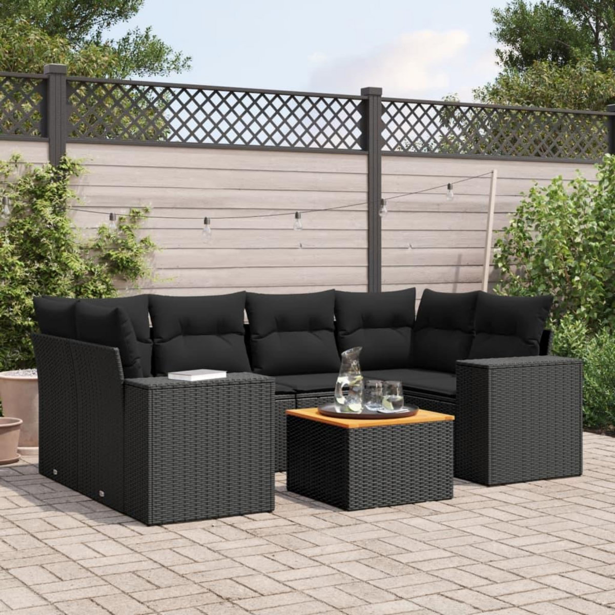VIDAXL Salon de jardin 7 pcs avec coussins noir resine tressee