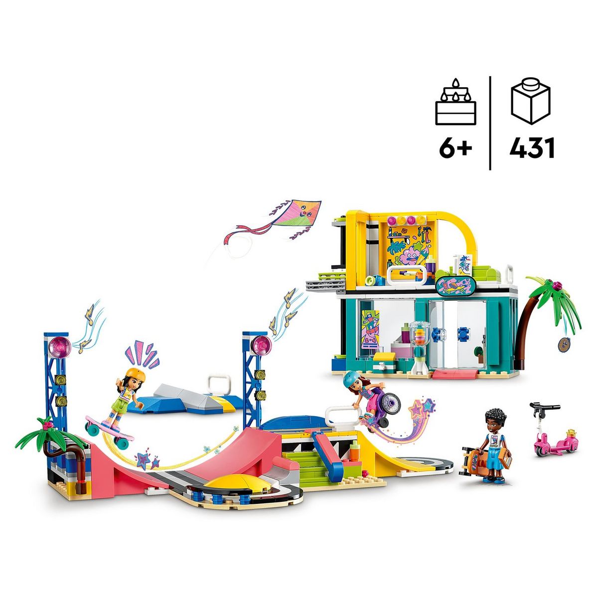 LEGO Friends 41751 Le Skatepark, Jouet de Skateboard, avec Mini-Poupée et Scooter et fauteuil roulant 