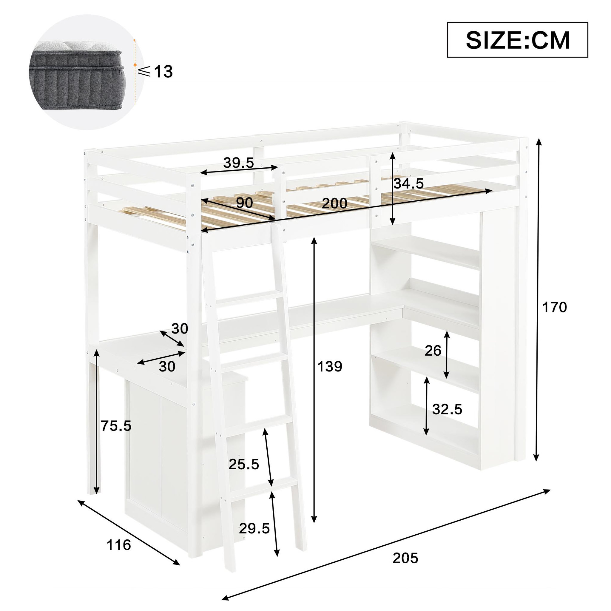 Voir la diapositive 3 : MERAX Lit mezzanine 90x200cm coloris blanc pin et mdf