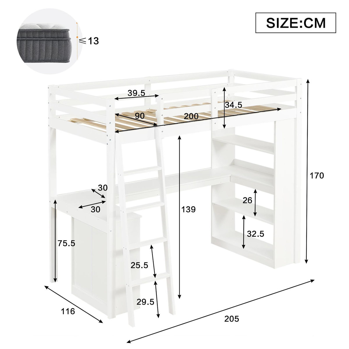 MERAX Lit mezzanine 90x200cm coloris blanc pin et mdf