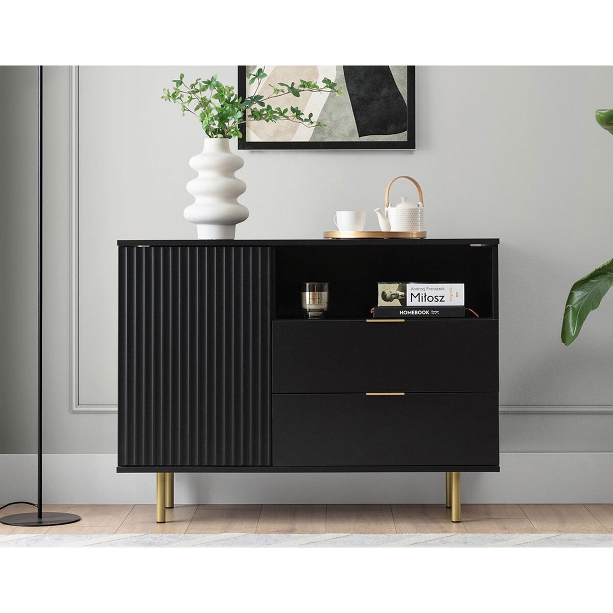 BEST MOBILIER Monica - buffet - noir - 2 tiroirs, 1 porte et 1 niche - 107 cm