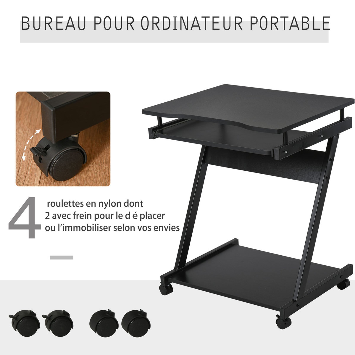 HOMCOM Bureau informatique roulant - bureau mobile - table d'ordinateur - tablette coulissante clavier + étagère - noir