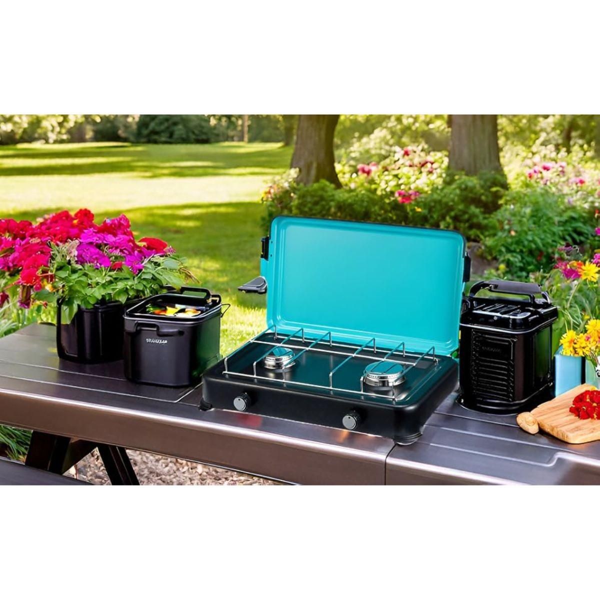 INTEC Plaque de cuisson gaz 2 feux 2350W Cuisinière à gaz portable, Plaque à gaz Butane/Propane Bruleurs inox tuyau gaz INTEC