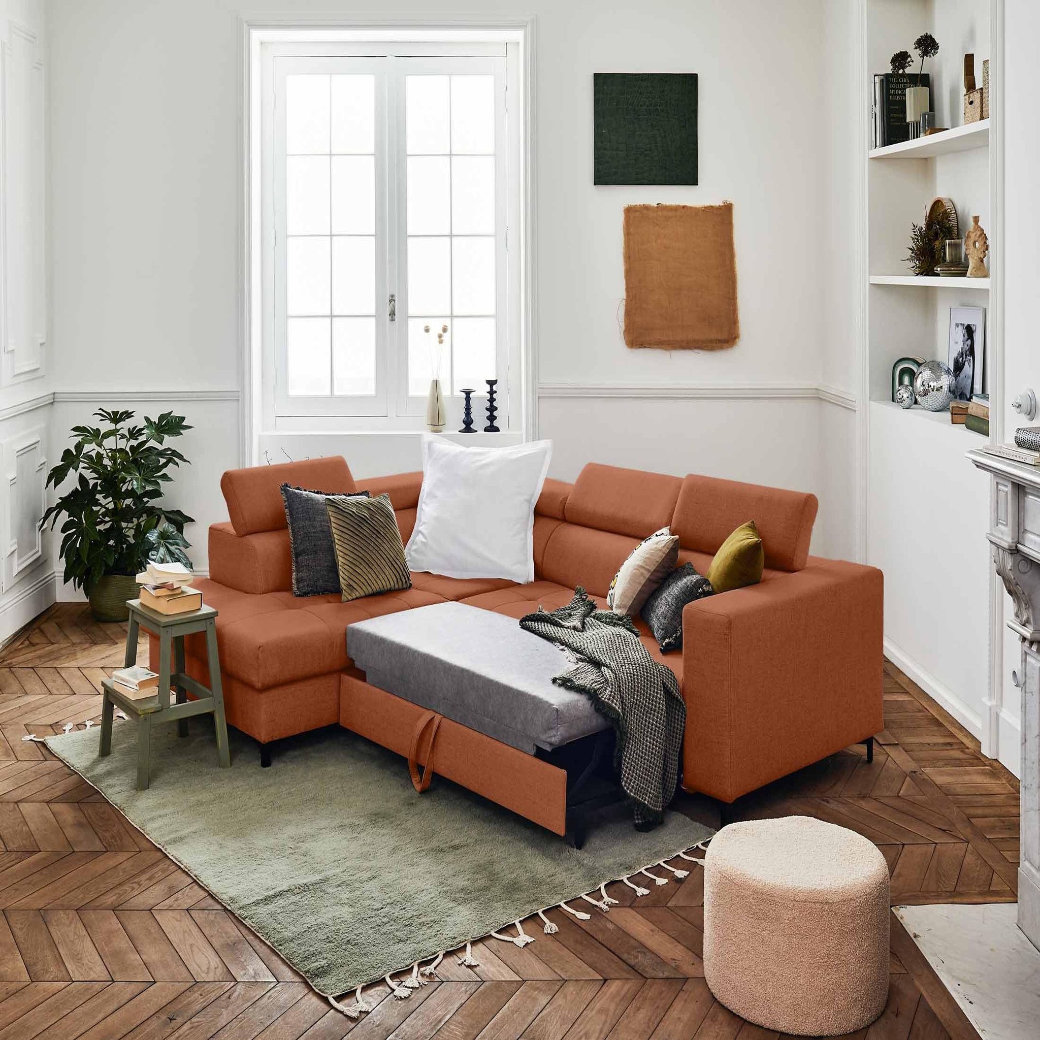 Voir la diapositive 2 : LISA DESIGN Olinda - canapé d'angle gauche - 5 places - convertible avec coffre et têtières réglables - en tissu