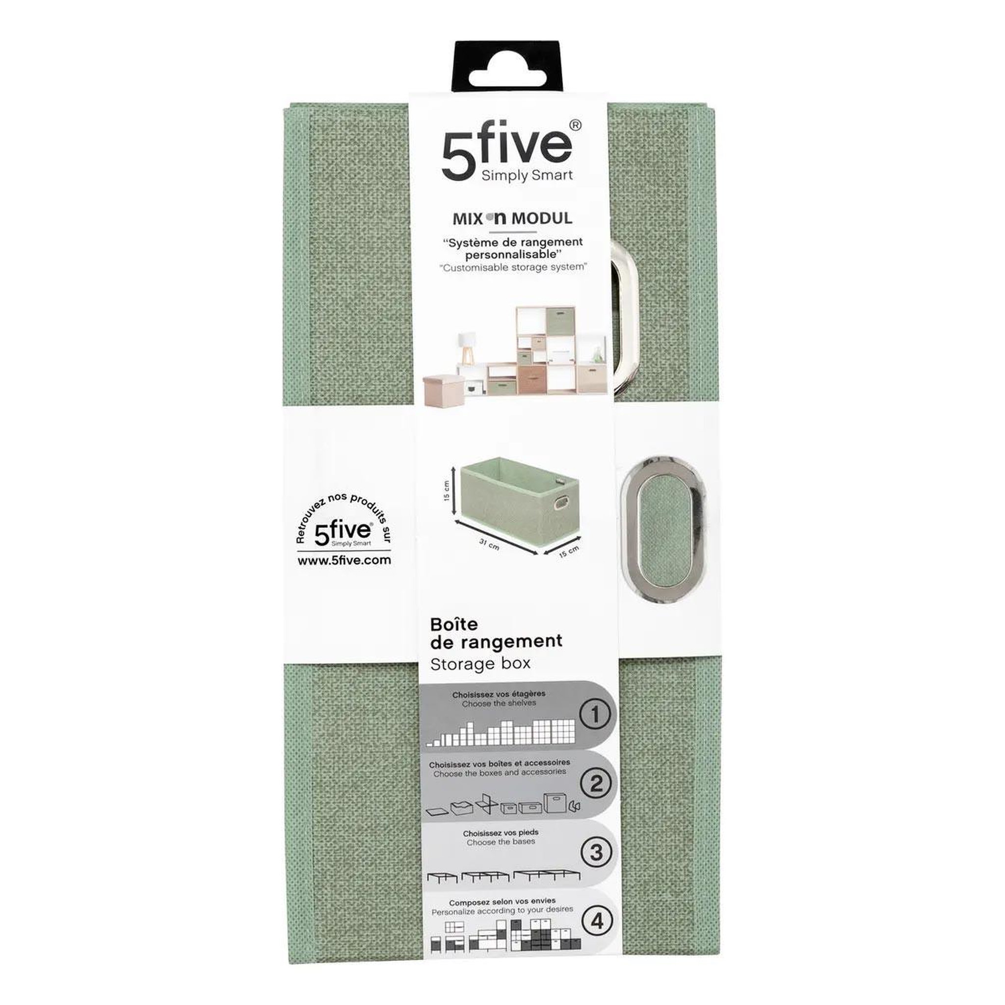 Voir la diapositive 4 : FIVE Boîte de rangement pliable  mix n'modul  15x31cm vert sauge