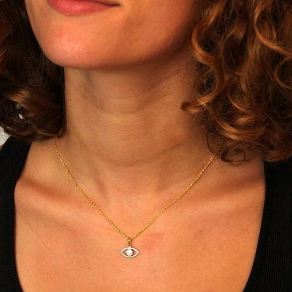 L'ATELIER D'AZUR Collier - Pendentif Or Jaune Oeil Serti de Zirconiums - Chaine Dorée Offerte