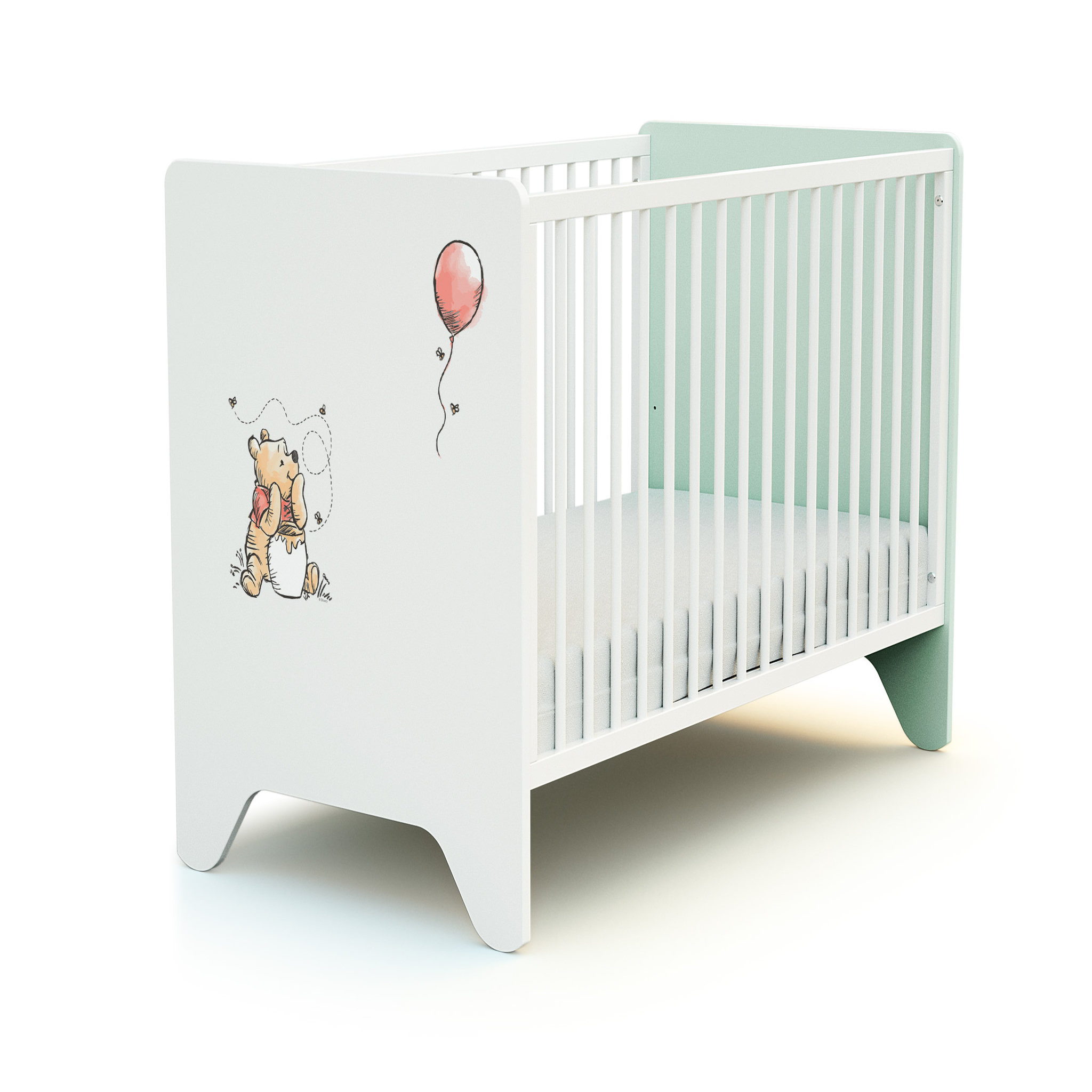 Voir la diapositive 2 : AT4 Ensemble lit bébé 60x120 cm et commode à langer 3 tiroirs WINNIE BALLON DISNEY Vert d'eau