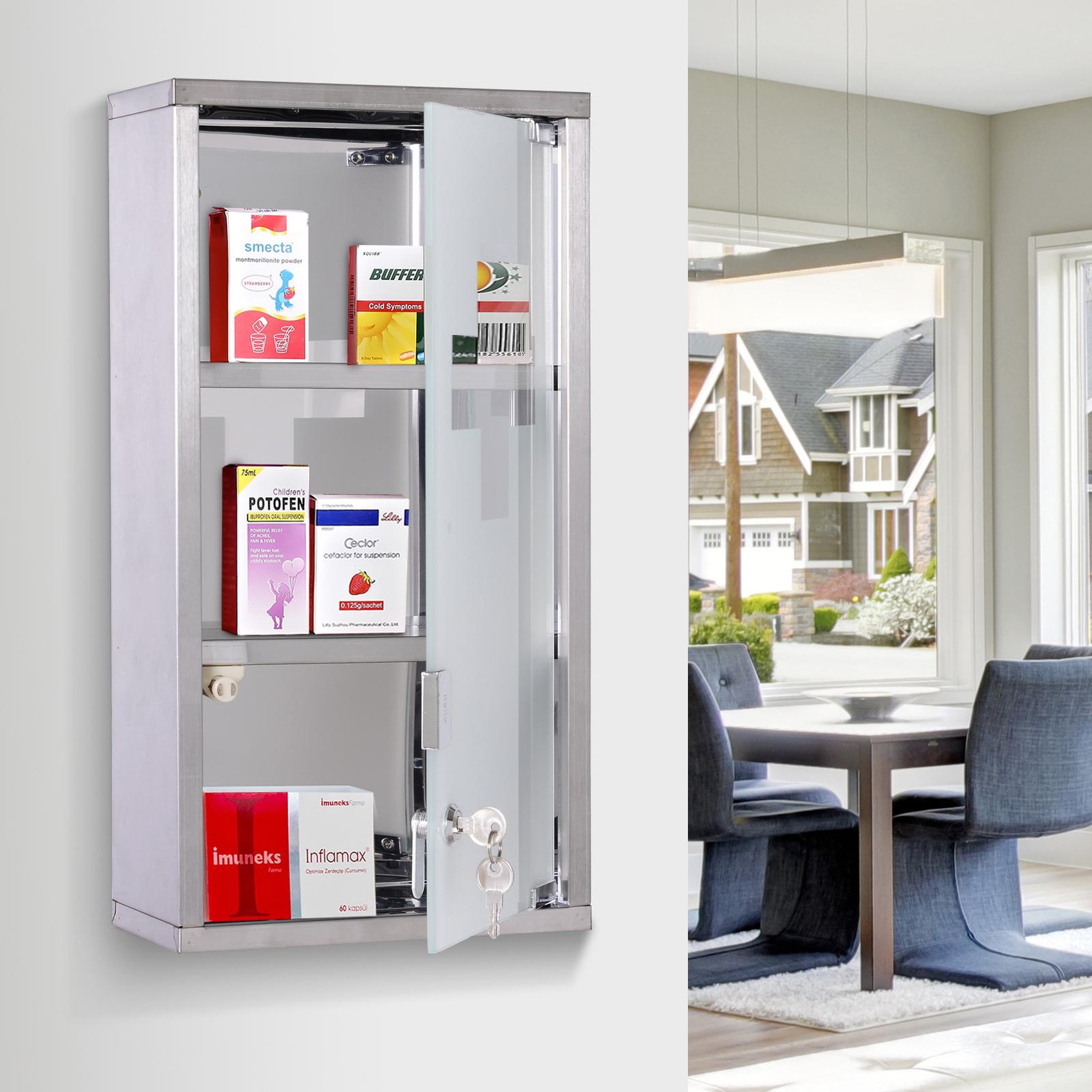 Voir la diapositive 2 : HOMCOM Armoire à pharmacie 2 étagères 3 niveaux verrouillable porte verre trempé dépoli logo croix 25l x 12l x 48h cm acier inox