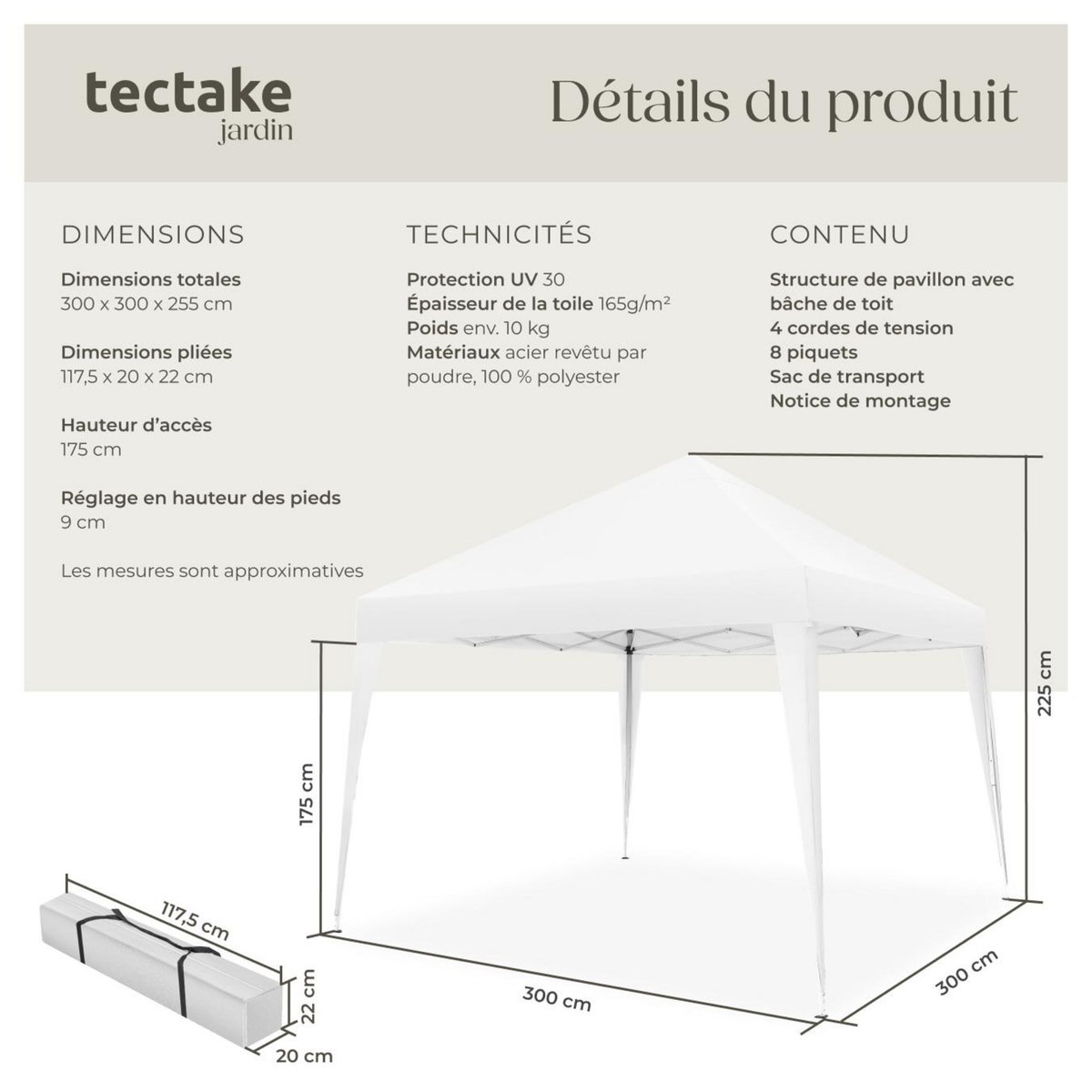 tectake Tonnelle 3 x 3 m blanc