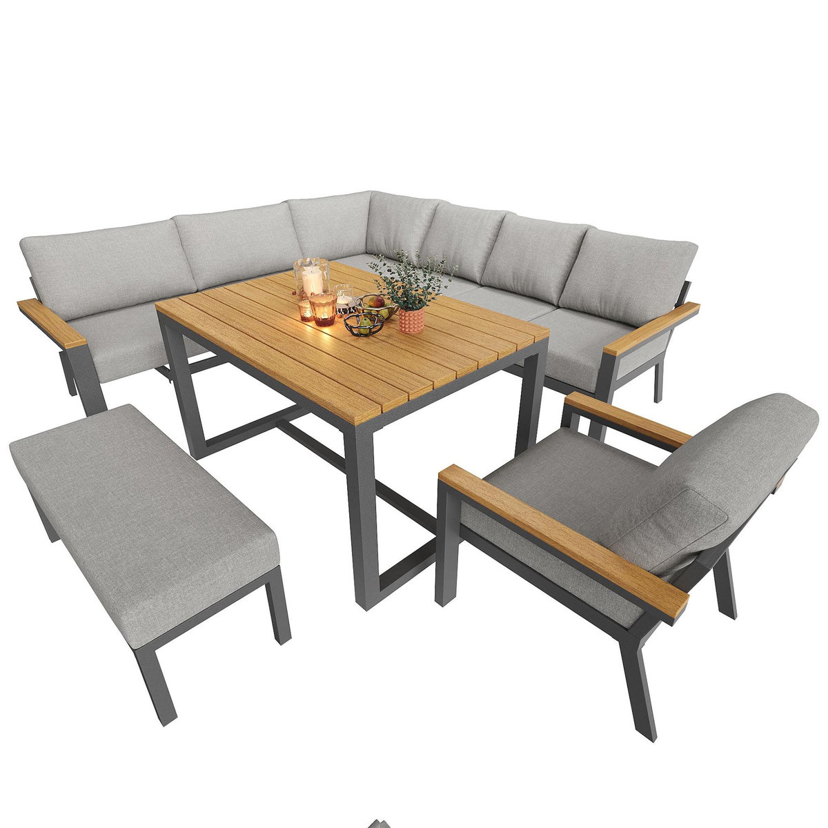 MERAX Salon de jardin repas 8 places en métal avec table à manger en bois, canapé, fauteuil et banc, gris