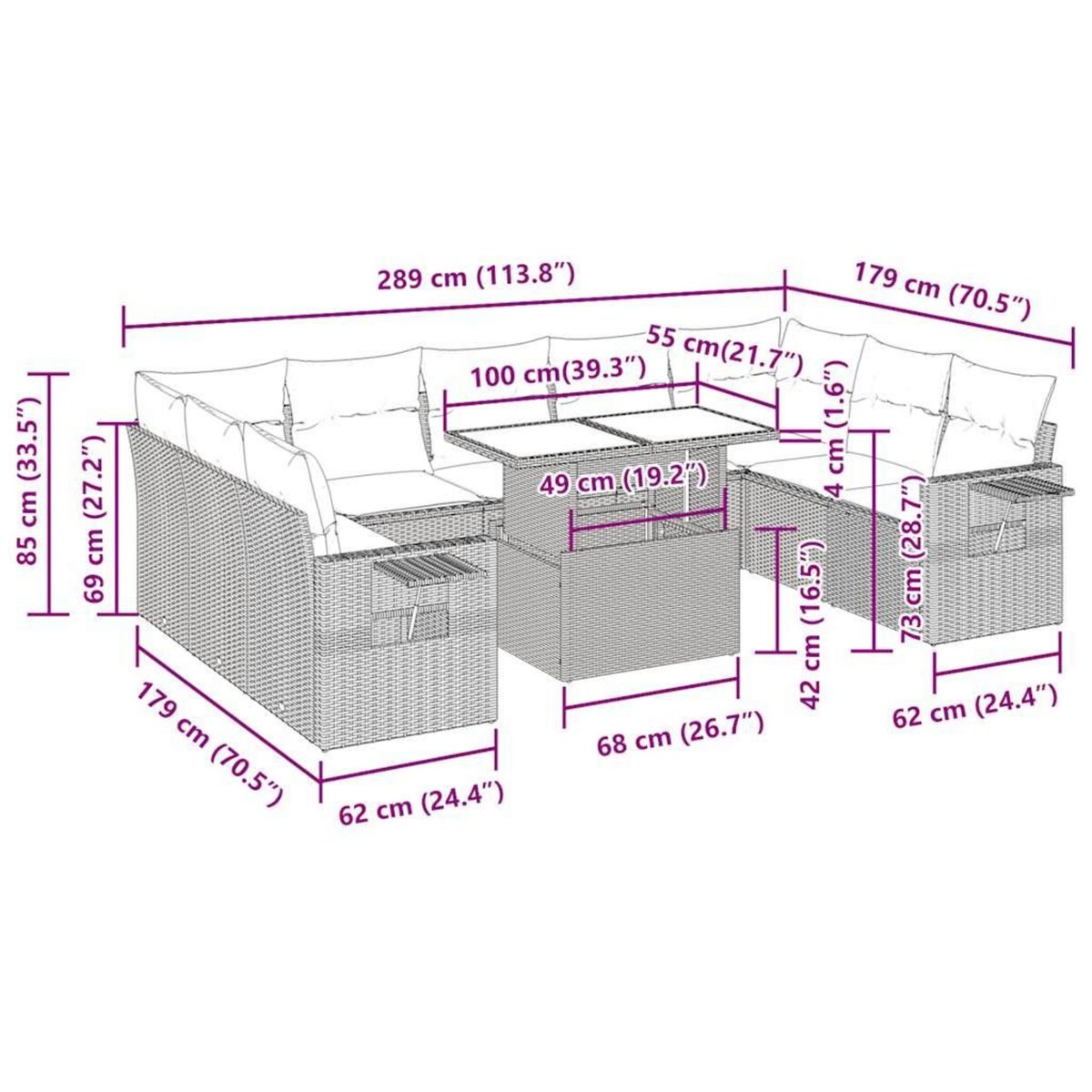 VIDAXL Salon de jardin avec coussins 10 pcs gris clair resine tressee