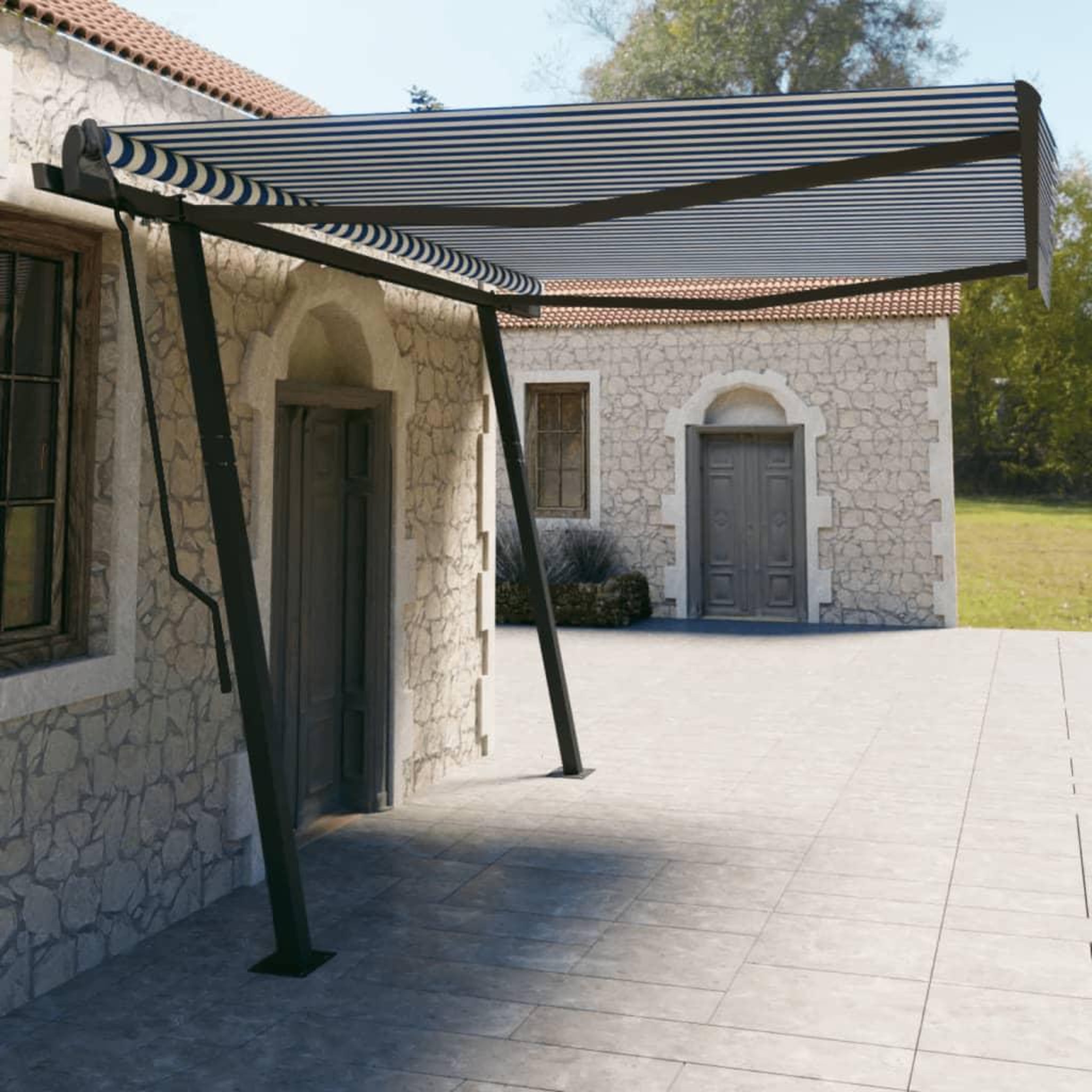 Voir la diapositive 1 : VIDAXL Auvent manuel retractable avec poteaux 4,5x3 m Bleu et blanc