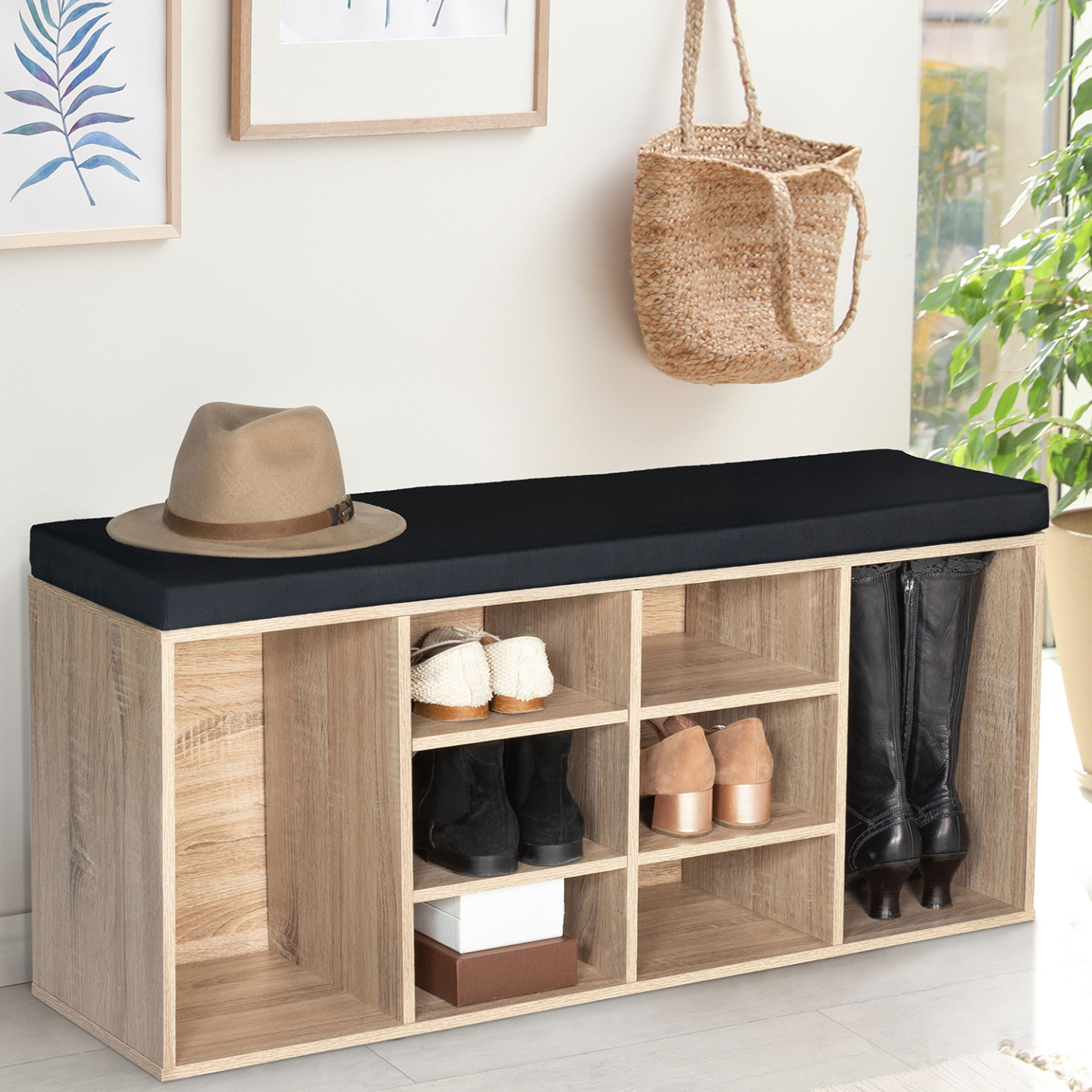 Voir la diapositive 2 : ID MARKET Banc d'entrée chaussures avec coussin teo bois façon hêtre