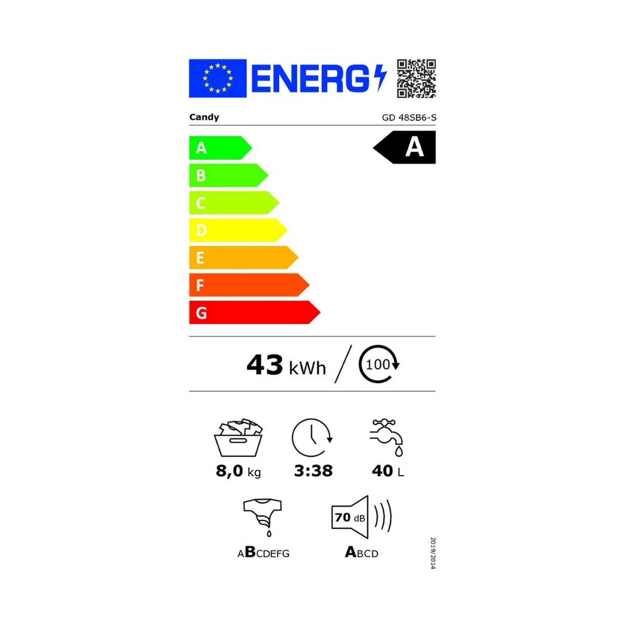 Voir la diapositive 2 : Candy Lave-linge frontal 8kg 1400 tours/min - gd48sb6-s