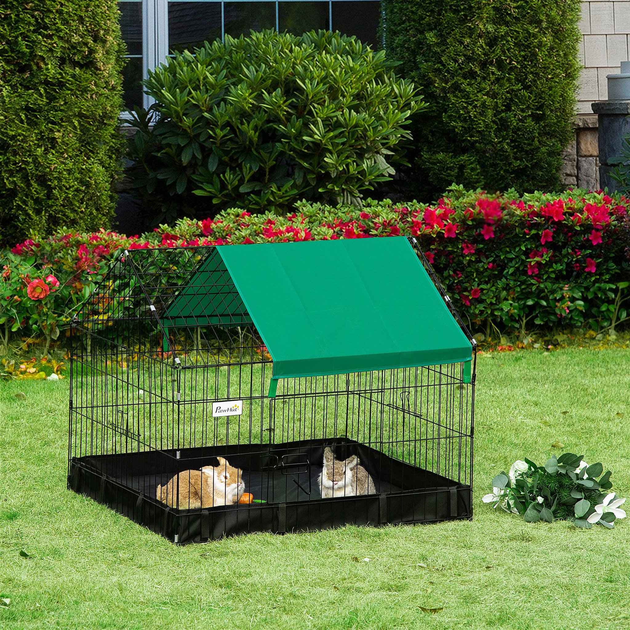 Voir la diapositive 4 : PAWHUT Cage parc enclos rongeurs dim. 90l x 75l x 75h cm - bâche de sol/toit imperméable, porte, trappe - acier oxford noir vert