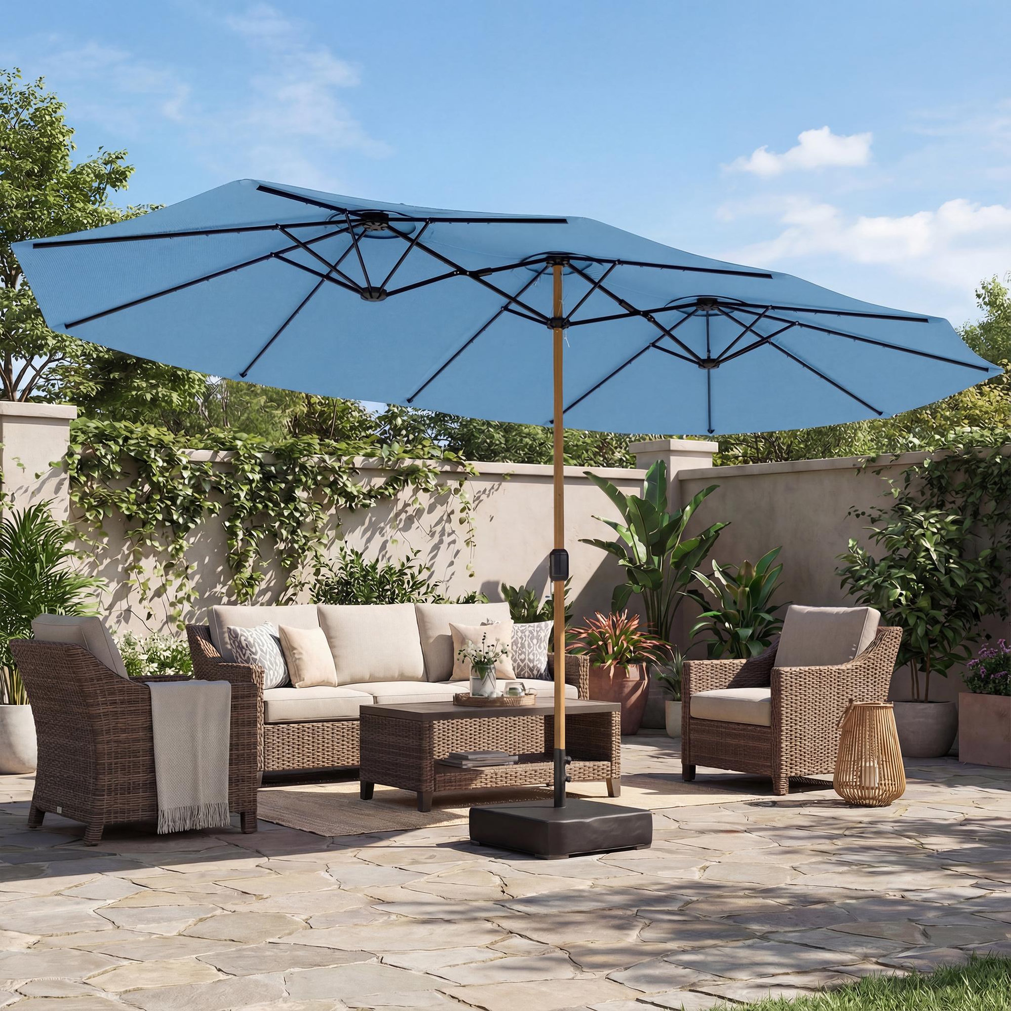 Voir la diapositive 2 : OUTSUNNY Parasol de jardin double XXL mât métal effet bois manivelle pied à lester inclus