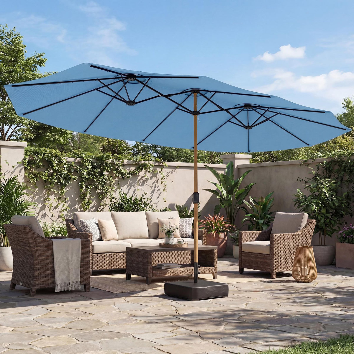 OUTSUNNY Parasol de jardin double XXL mât métal effet bois manivelle pied à lester inclus