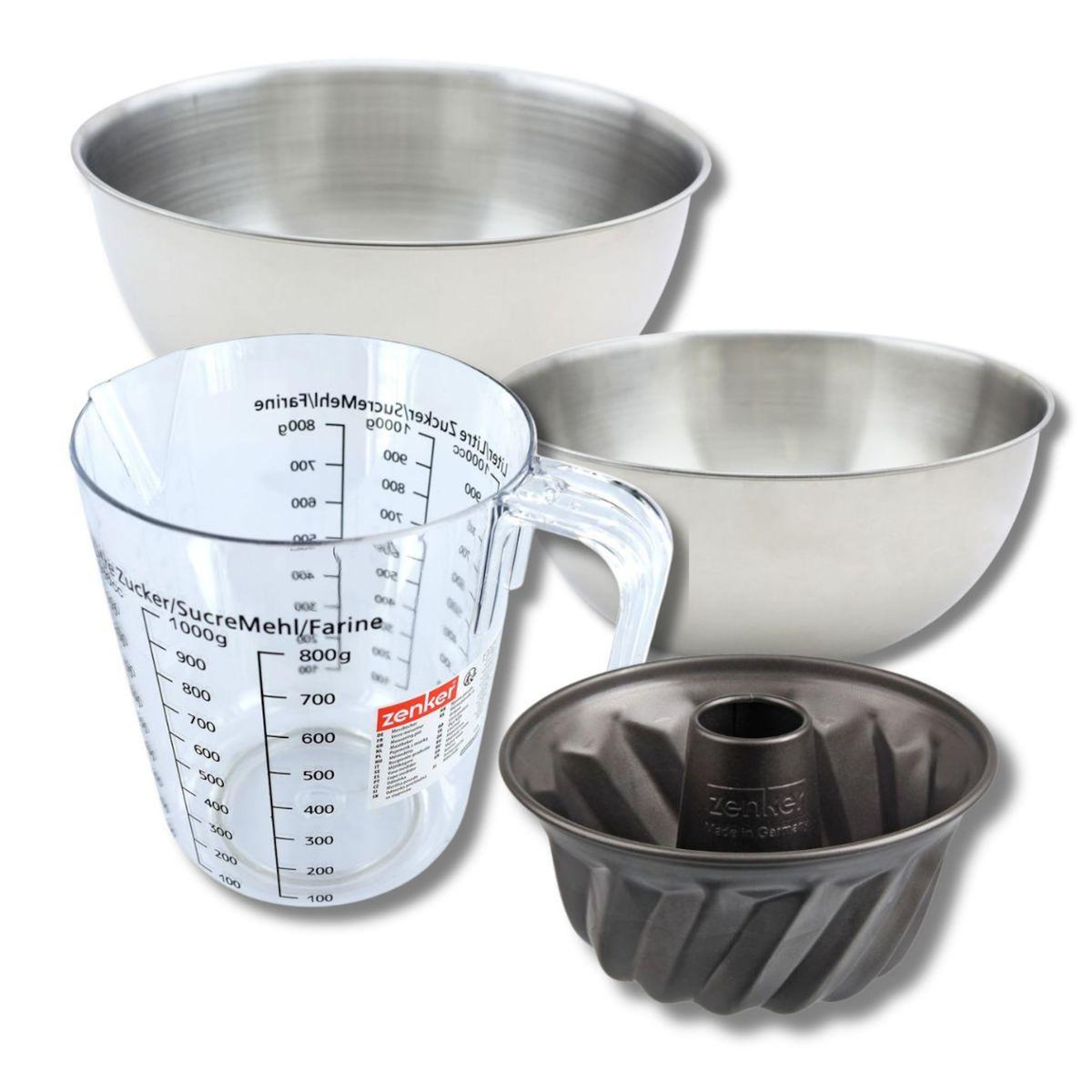 ZENKER Set pâtisserie avec mini moule à kouglof 18 cm, 2 bols à mixer, verre mesureur et spatule Zenker