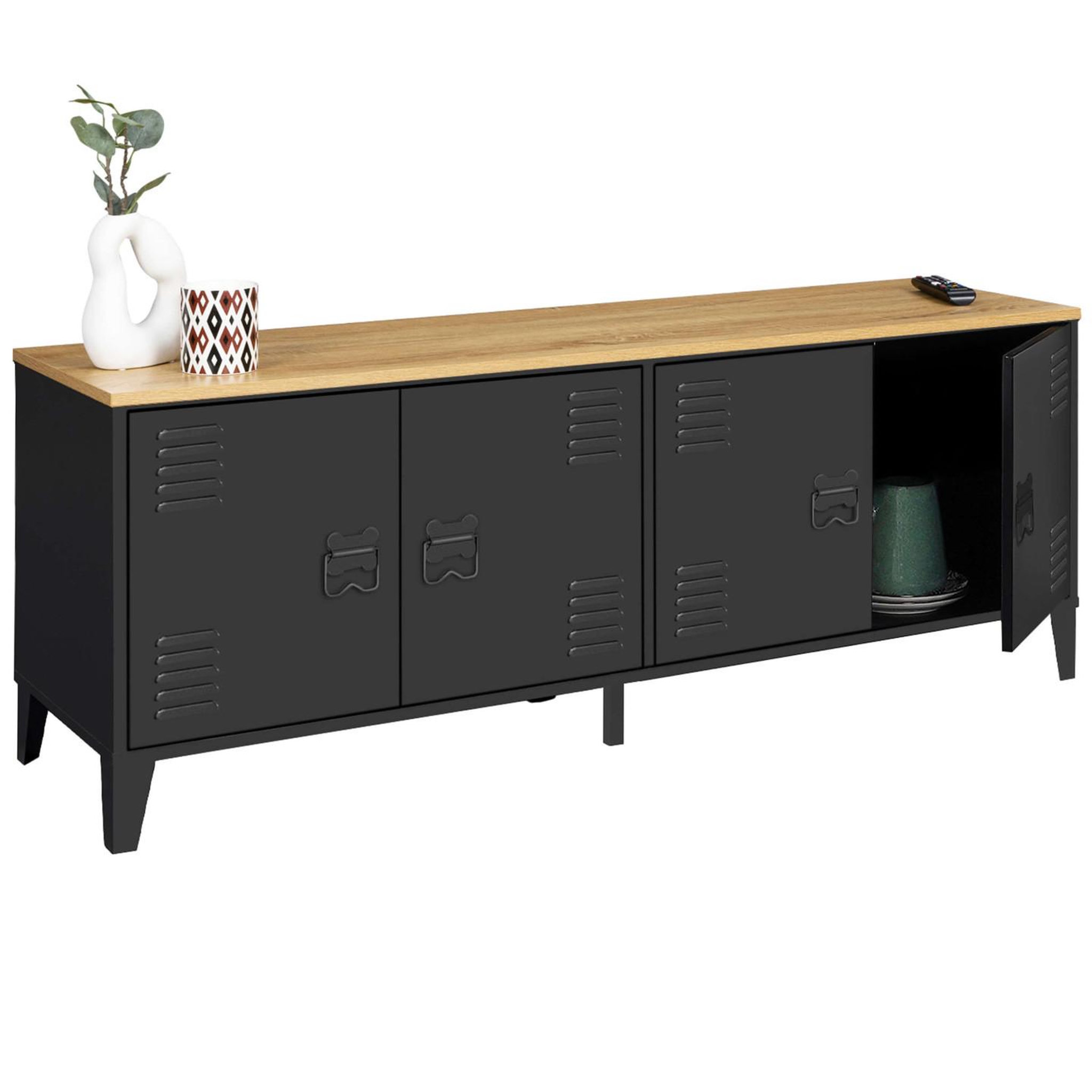 Voir la diapositive 4 : ID MARKET Buffet bas 140 cm ester 4 portes métal noir et plateau bois design industriel