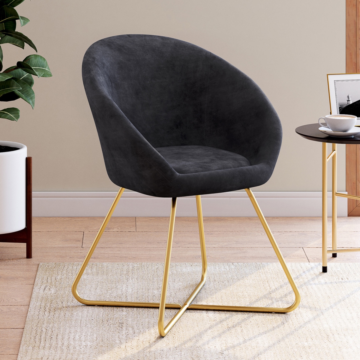 ID MARKET Fauteuil rond ANGELINA gris en velours pieds croisés dorés