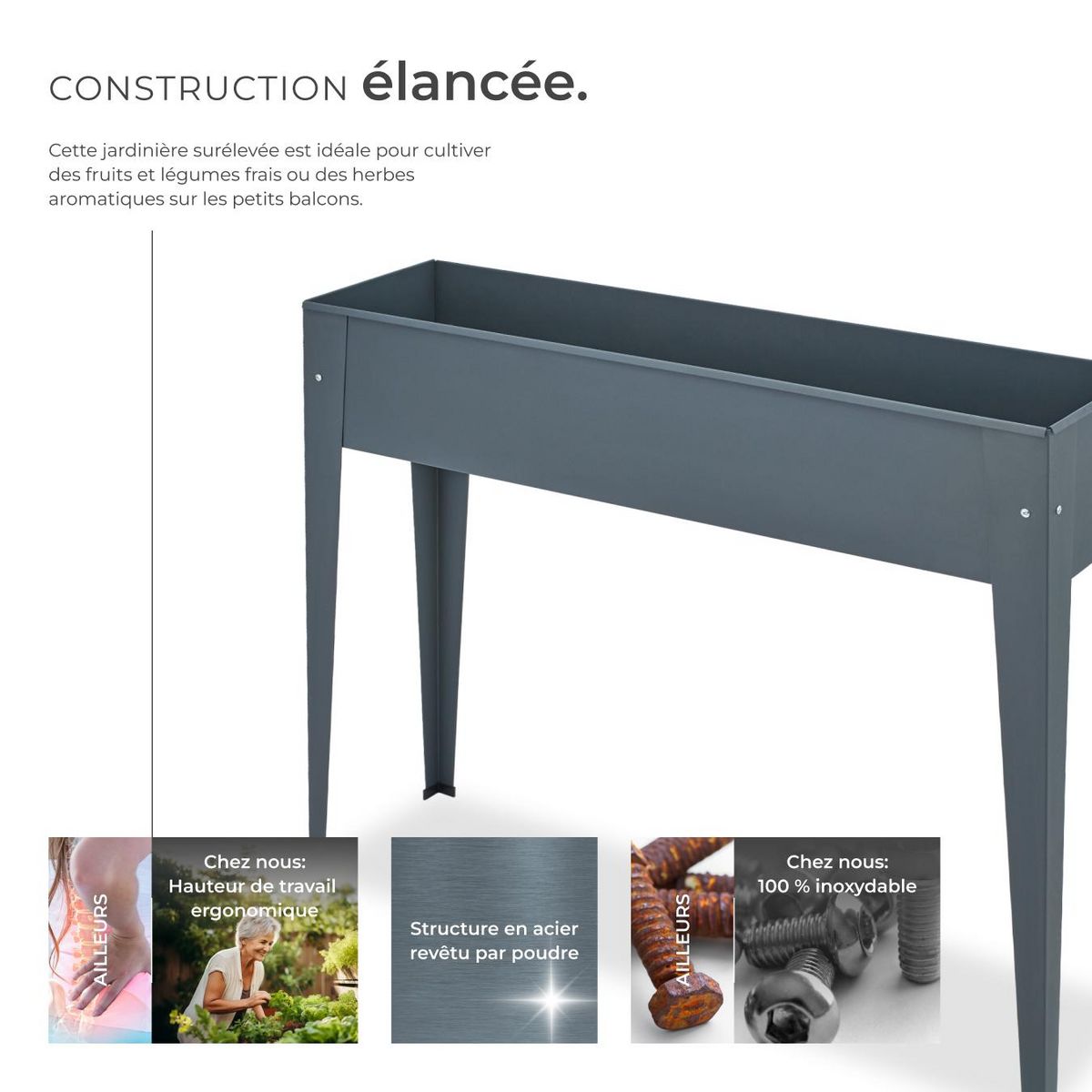 tectake Carré potager sur pied en acier lâqué époxy gris anthracite