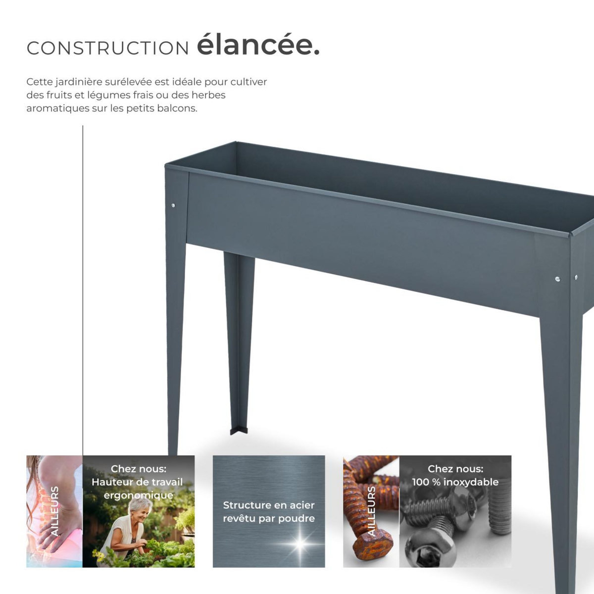 tectake Carré potager sur pied en acier lâqué époxy gris anthracite