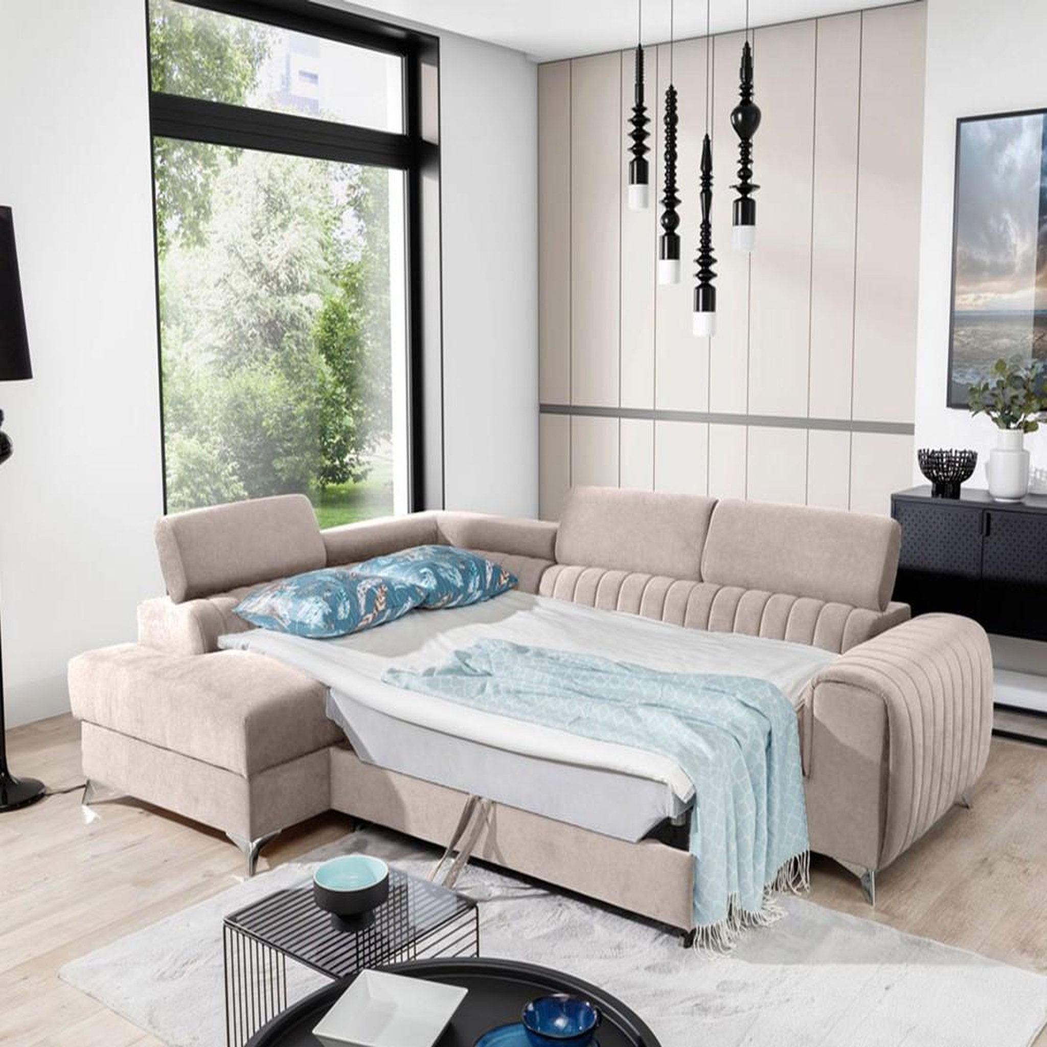 Voir la diapositive 2 : BEST MOBILIER Talisay - canapé d'angle gauche - 5 places - convertible avec coffre - en velours