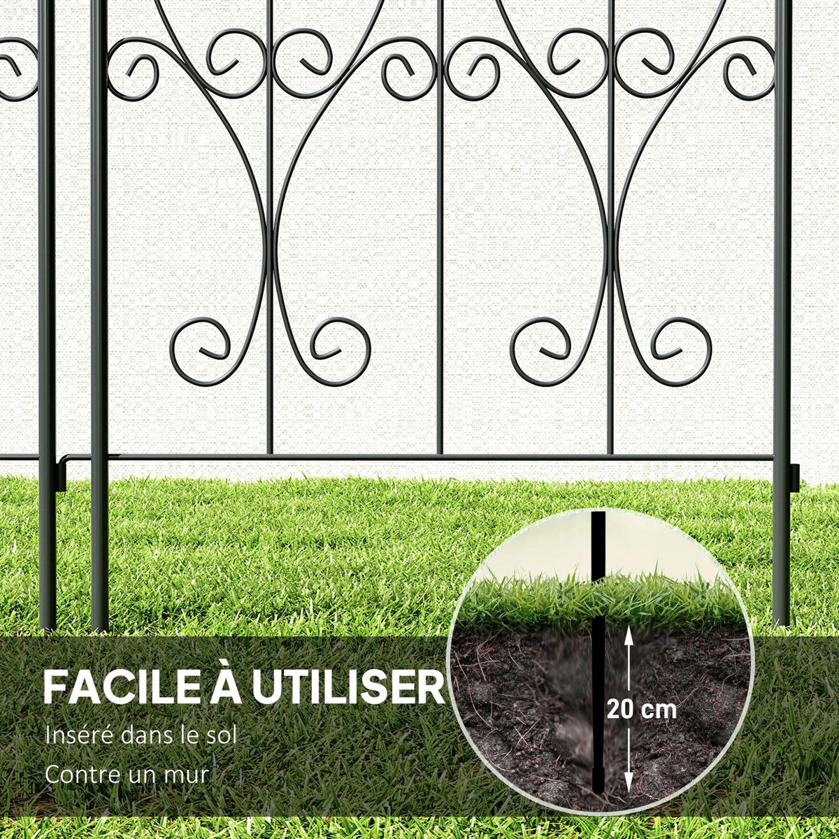 OUTSUNNY Treillis de jardin effet fer forgé pointe de fleur de lys  - 2 supports plantes grimpantes - 50 x 220 cm - métal époxy noir