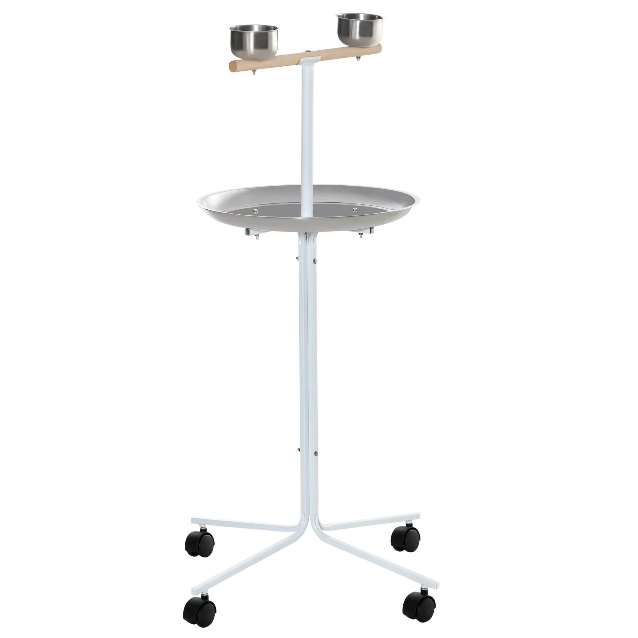 Voir la diapositive 1 : PAWHUT Perchoir sur pied pour perroquets, grandes perruches - 4 roulettes - 2 mangeoires et plateau inox, perchoir - métal blanc