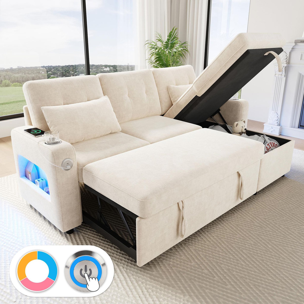 MERAX Canapé d'angle droit convertible 3 places tissu led coffre de rangement