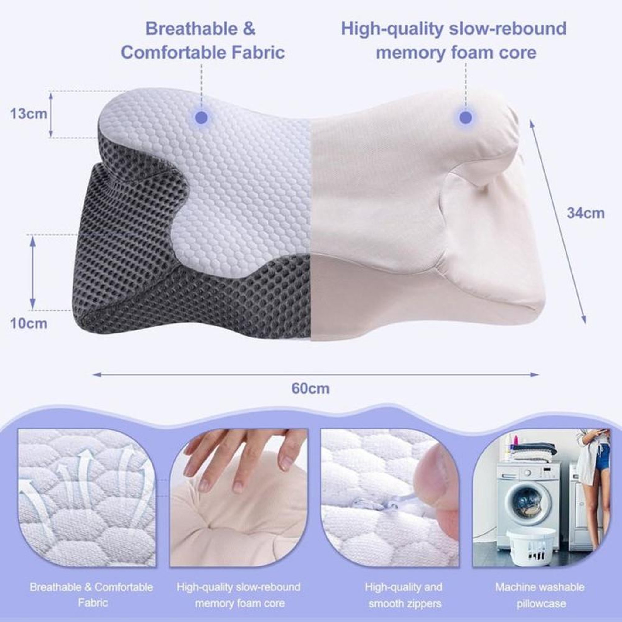 Voir la diapositive 4 : Oreiller cervical ergonomique en mousse à mémoire de forme haute densité, soutien profilé pour nuque et épaules (60 x 34 x 10/13 cm), blanc et gris foncé