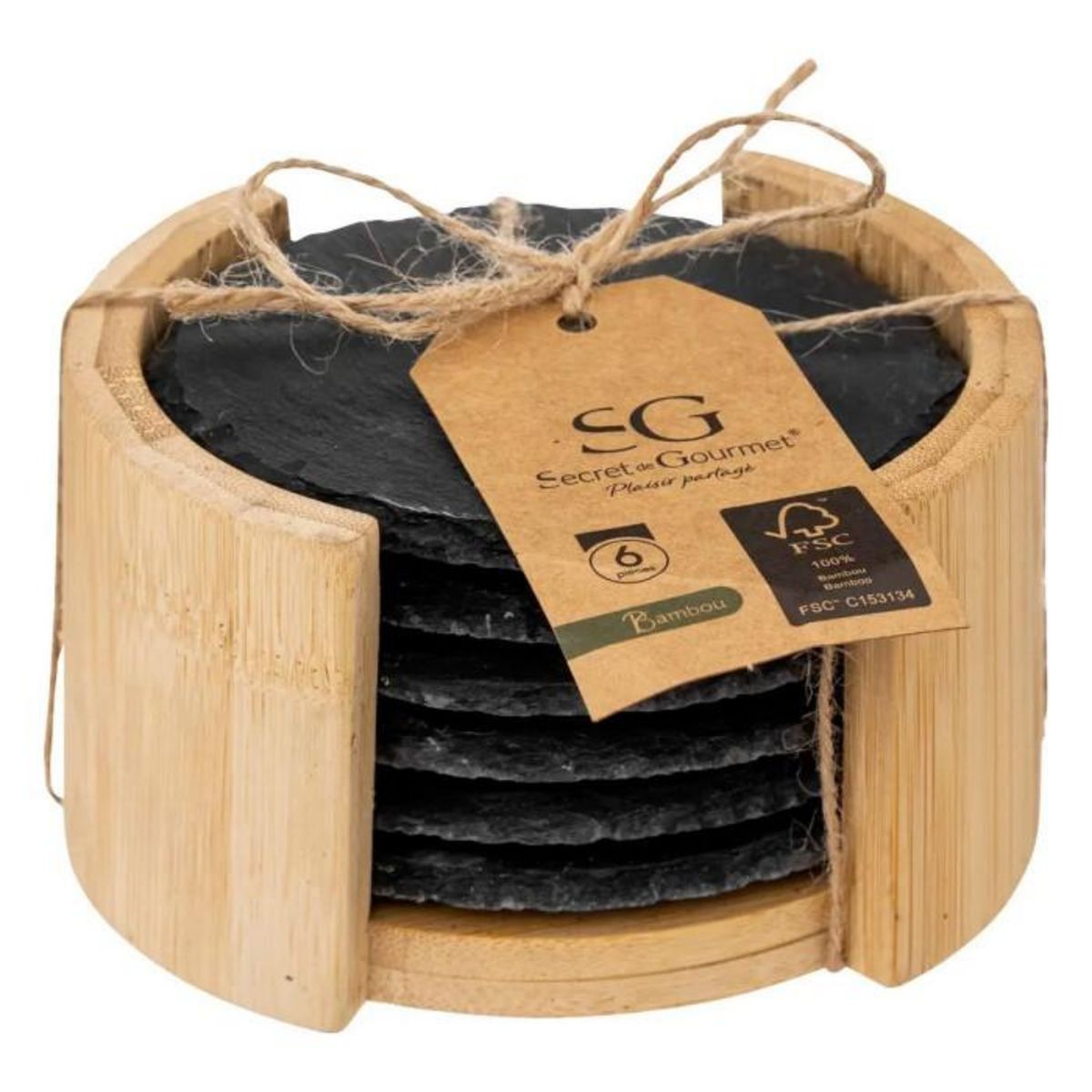 SECRET DE GOURMET Lot de 6 Dessous de Verre  Ardoise  10cm Noir