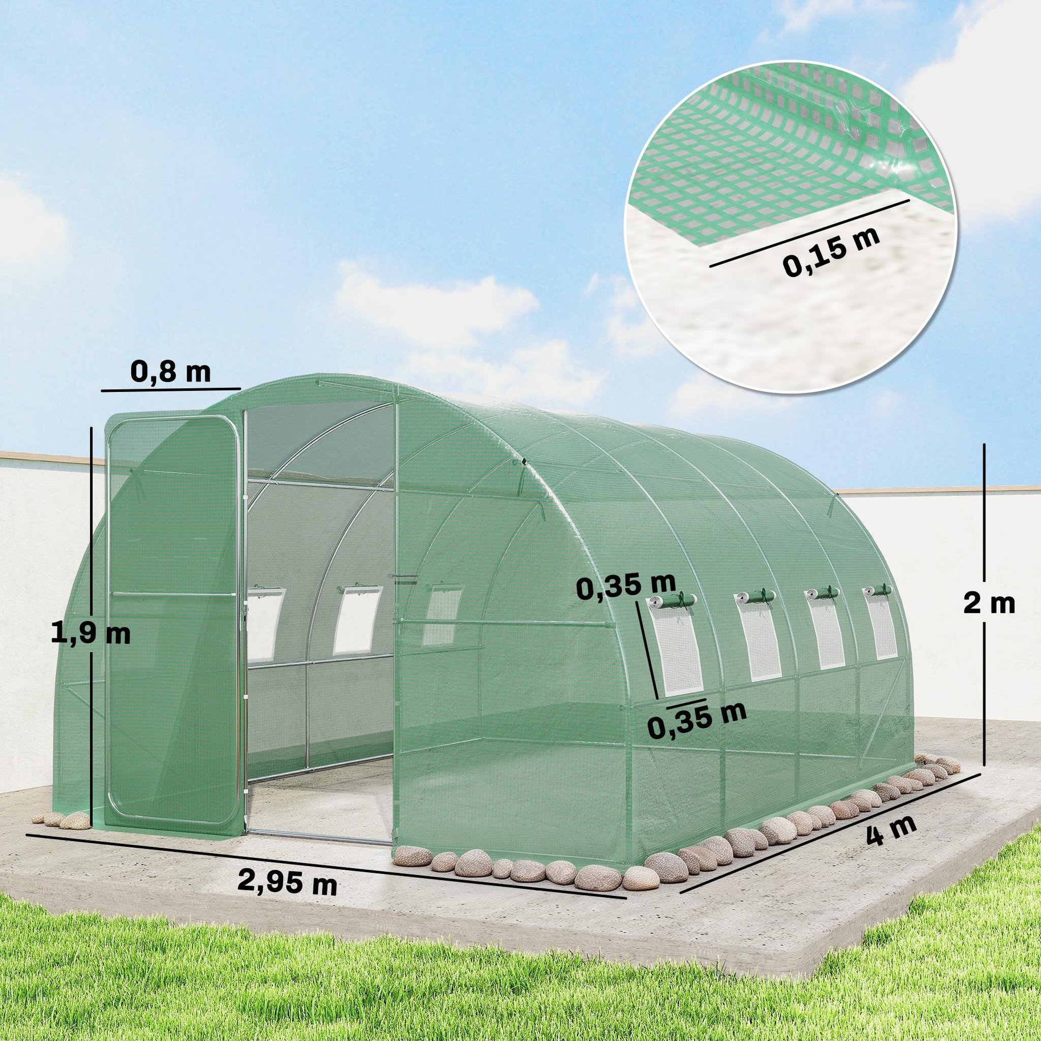 Voir la diapositive 3 : OUTSUNNY Serre tunnel de jardin - 12m², 295x400x200cm - porte et 8 fenêtres - bâche pe haute densité 140 g/m² - pour extérieur - vert