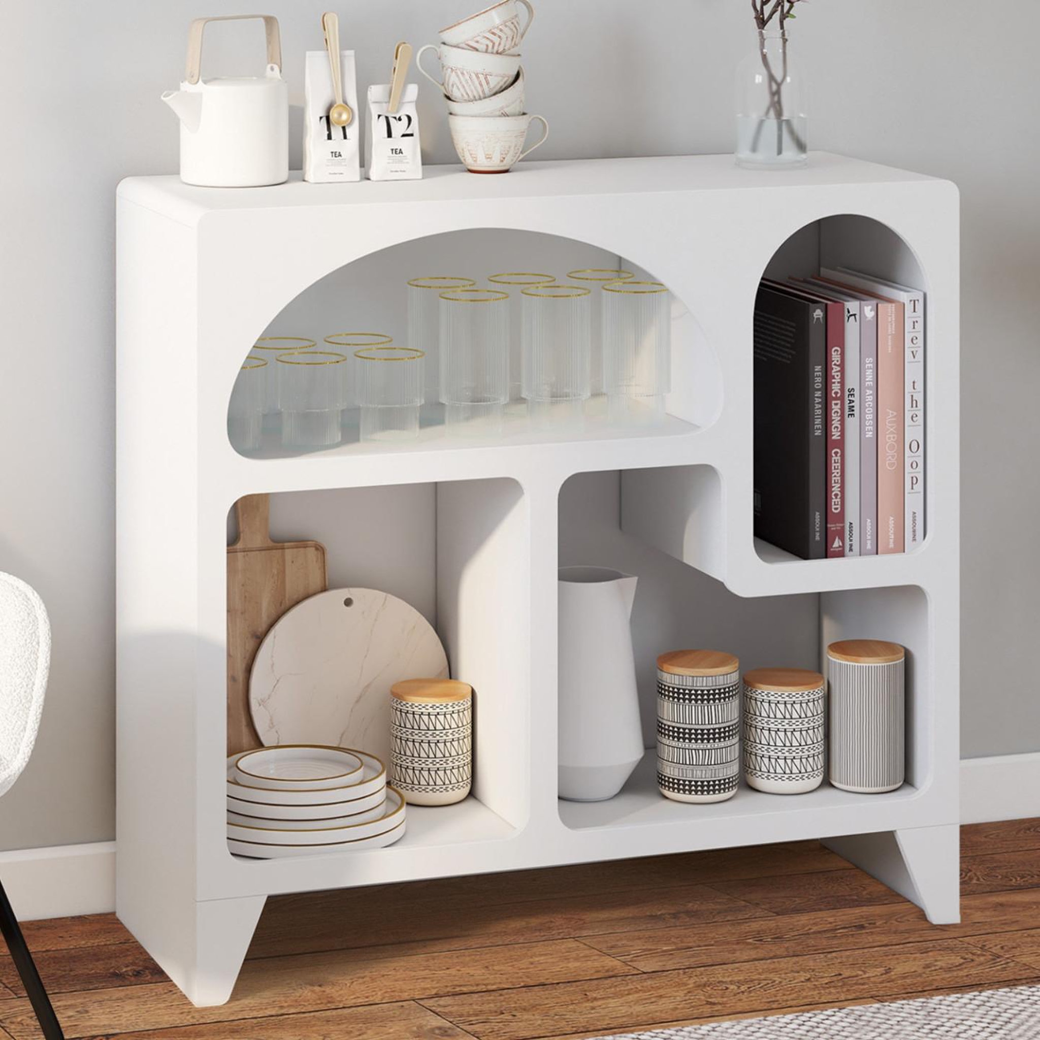 Voir la diapositive 2 : ID MARKET Buffet organique 80 cm alesia bois blanc meuble de rangement 4 niches