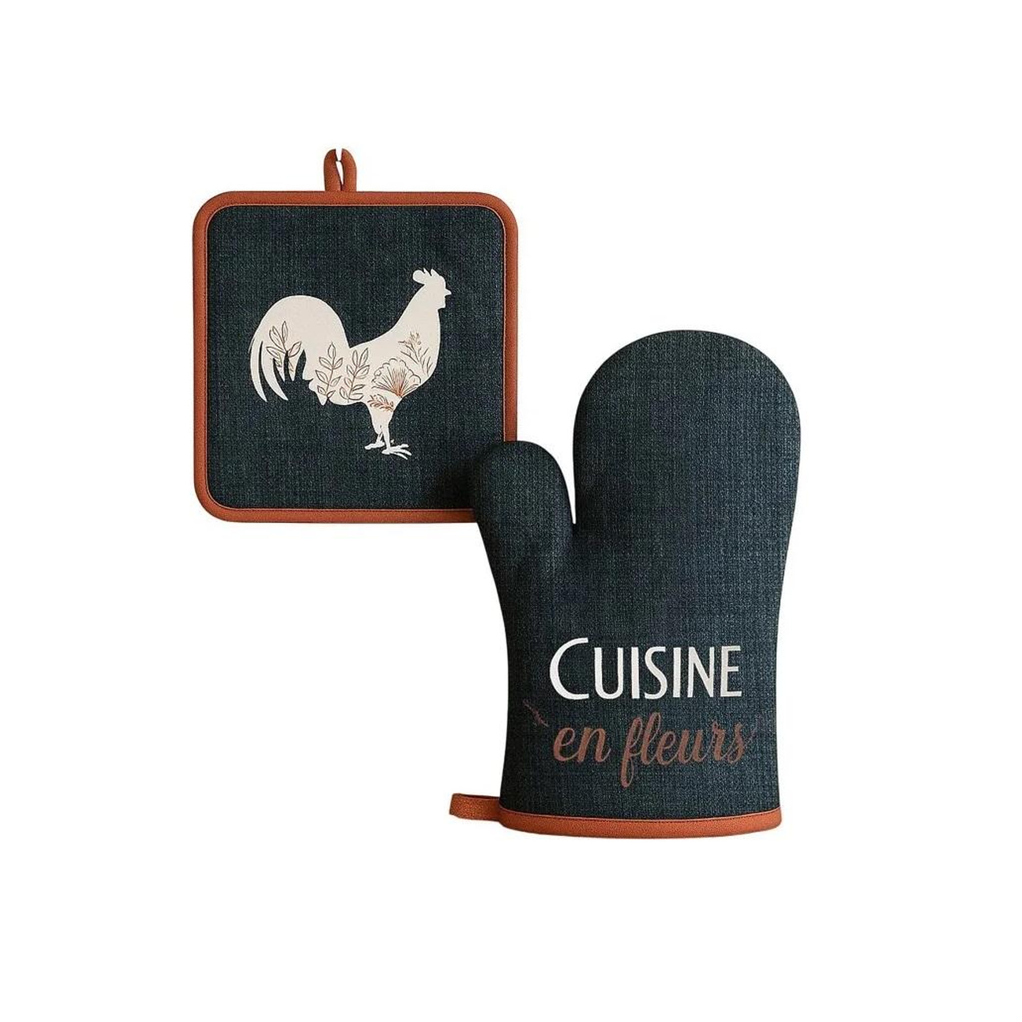 Eden Gant et manique de cuisine coq et fleurs