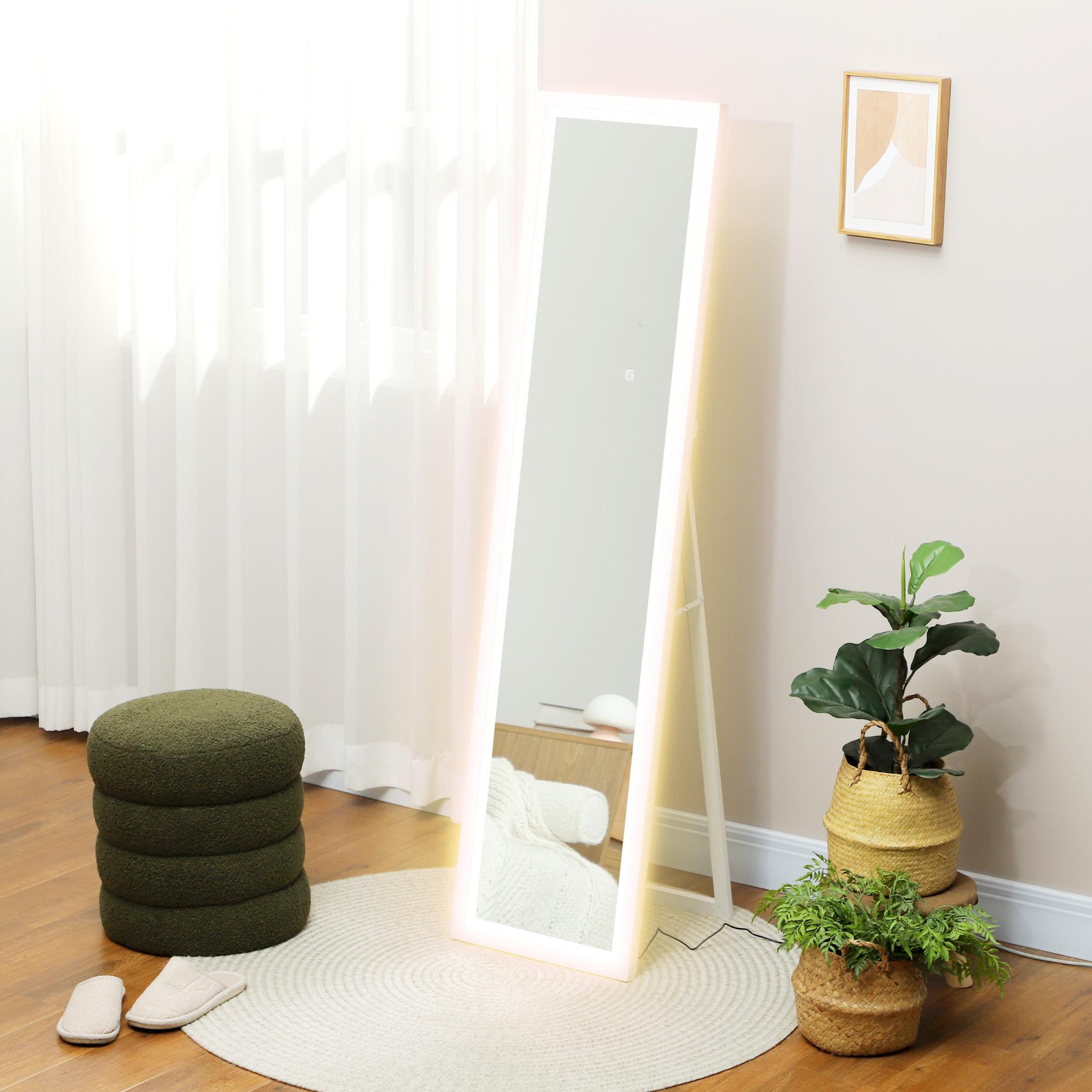 Voir la diapositive 2 : HOMCOM Grand miroir led pleine longueur 40 x 160 cm autoportant ou à fixer - 3 couleurs luminosité réglable - effet bois blanc