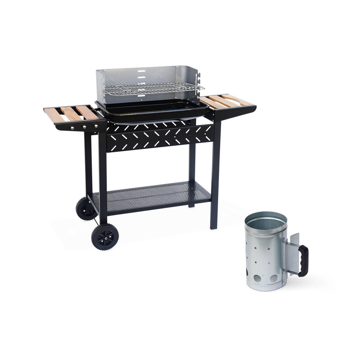 SWEEEK Barbecue au charbon. Noir et gris. hauteur de grille ajustable. cuve émaillée. tablettes en bois + Cheminée d'allumage