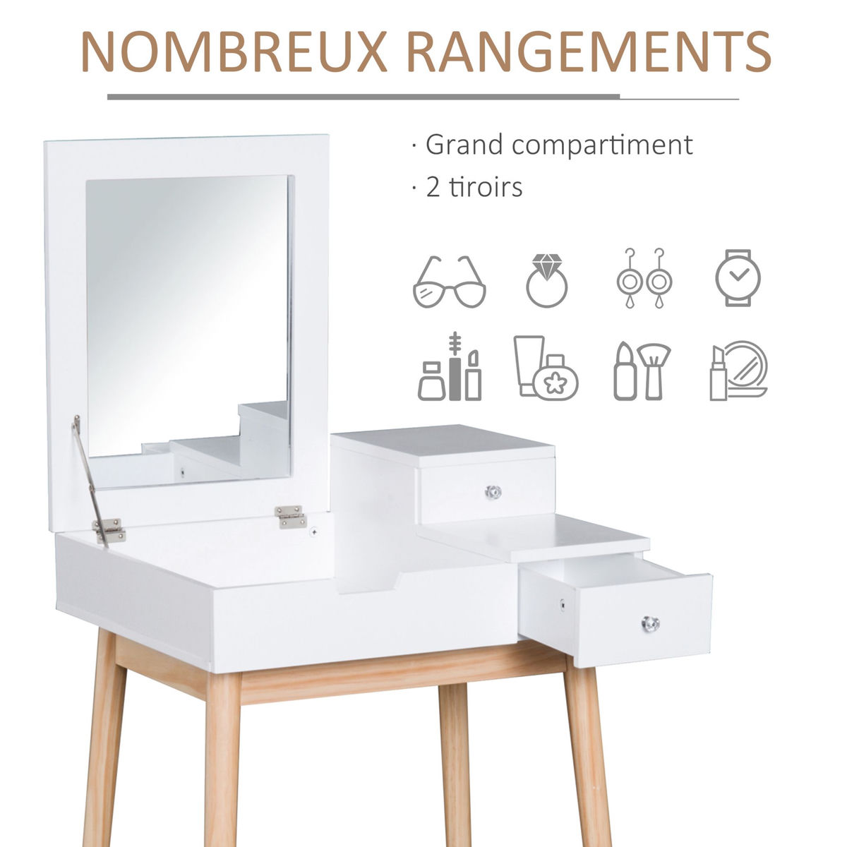 HOMCOM Coiffeuse design scandinave table de maquillage multi-rangements miroir pliable 60L x 50l x 86H cm pin et MDF blanc