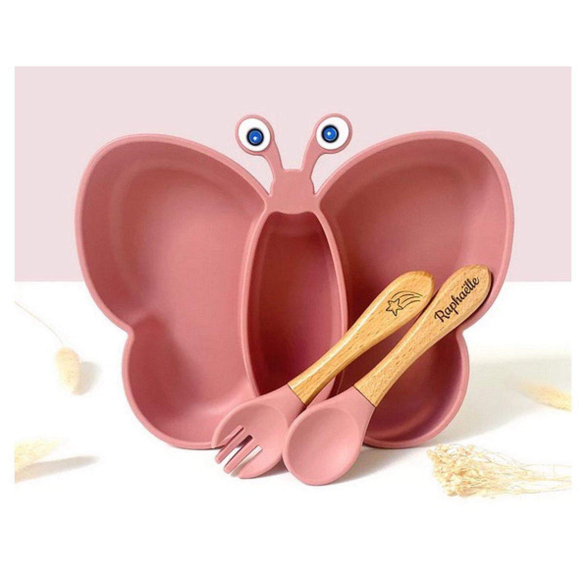 LES PETITS CITRONS Set repas et couvert papillon pour enfant rose