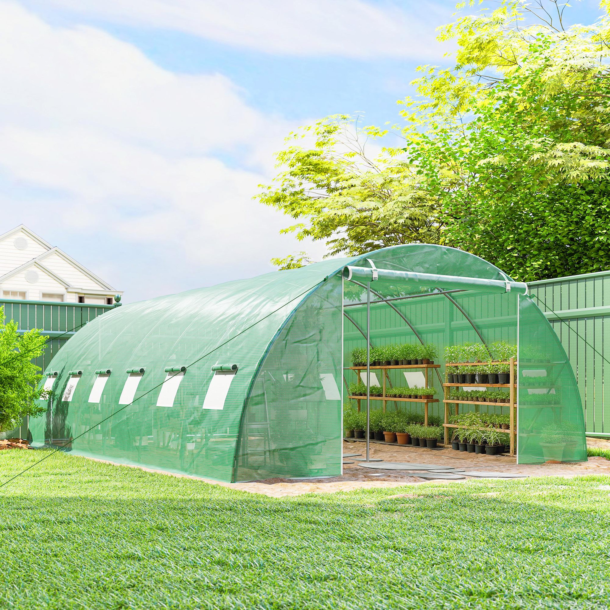 Voir la diapositive 2 : OUTSUNNY Serre tunnel de jardin acier galvanisé ø25mm bâche pe vert